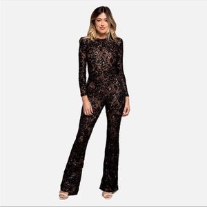 Nadine Merabi Bella Black Sequin Lace Leather Jumpsuit Size Small/Medium